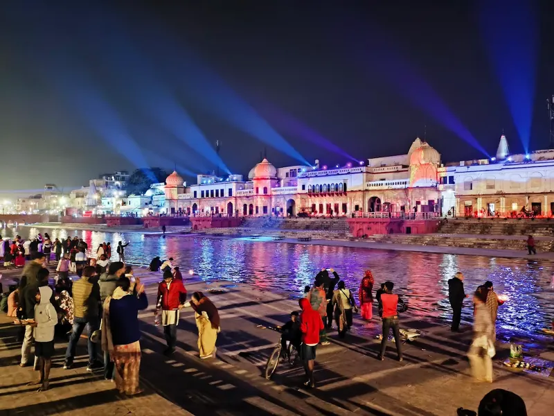 Ram Ki Paidi in Ayodhya lit up in the evening